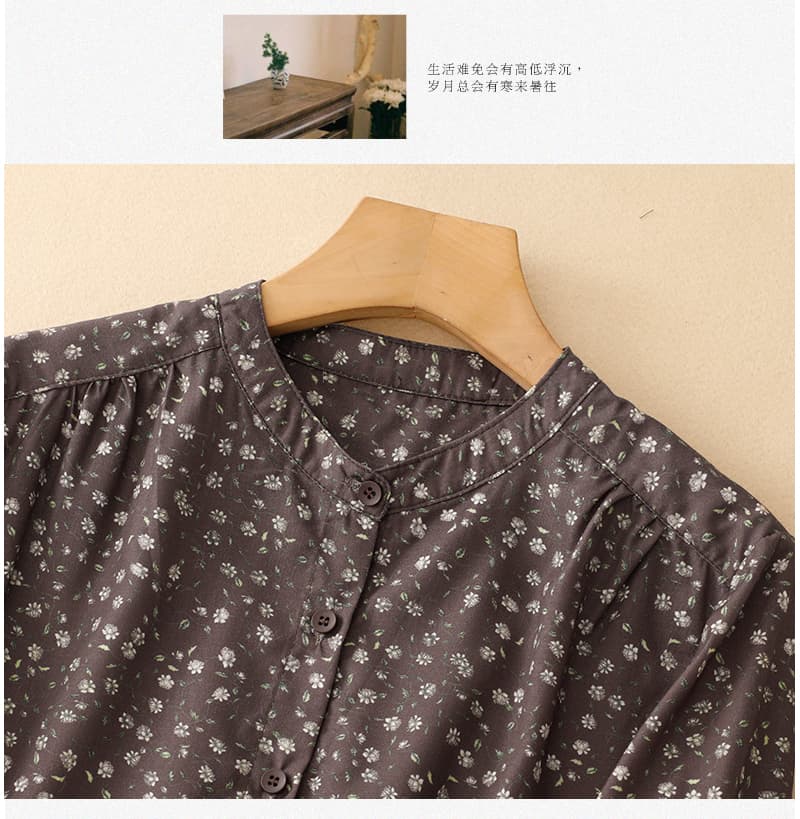 실사 꽃무늬 스탠드 칼라 셔츠 봄 가을 문예 몸매 가꾸기 긴팔 만나는 셔츠 여성 셔츠 얇은 스타일 상세 이미지 5