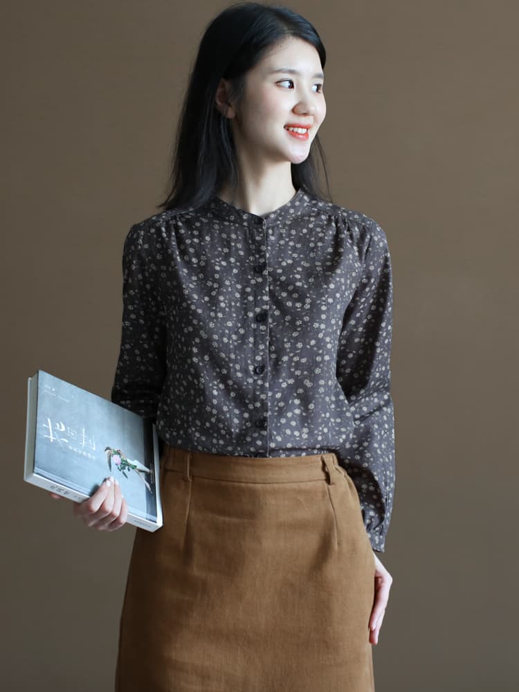 새로운 꽃무늬 스탠드 칼라 셔츠 봄 가을 문예 몸매 가꾸기 긴팔 만나는 셔츠 여성 셔츠