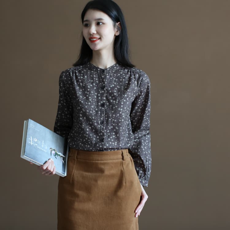 새로운 꽃무늬 스탠드 칼라 셔츠 봄 가을 문예 몸매 가꾸기 긴팔 만나는 셔츠 여성 셔츠 상세 이미지 2