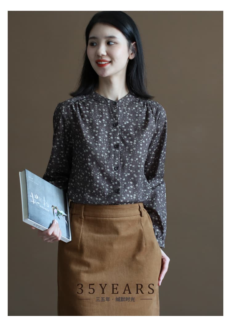 새로운 꽃무늬 스탠드 칼라 셔츠 봄 가을 문예 몸매 가꾸기 긴팔 만나는 셔츠 여성 셔츠 상세 이미지 5