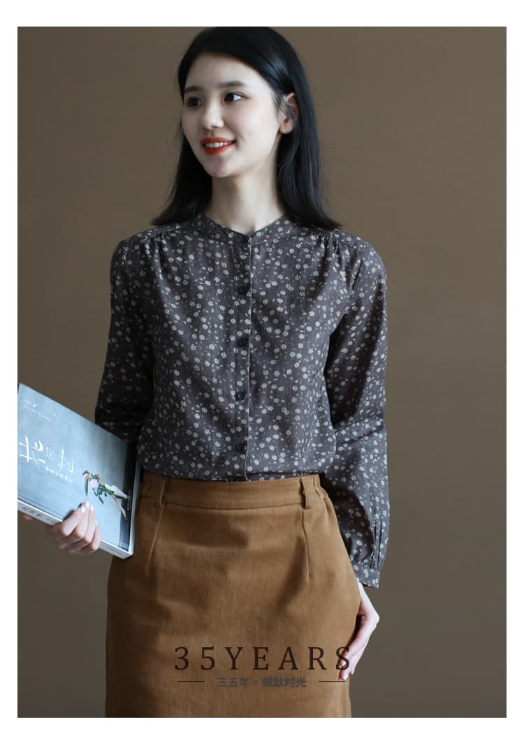 새로운 꽃무늬 스탠드 칼라 셔츠 봄 가을 문예 몸매 가꾸기 긴팔 만나는 셔츠 여성 셔츠 상세 이미지 10