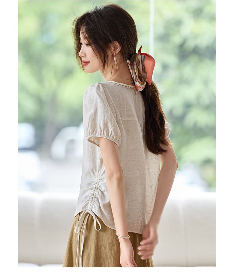 출퇴근 바람 V 넥 셔츠 여성용 짧은 소매 티셔츠 빛 럭셔리 고급 센스 오픈 가디건 연령 감소 맨위 레이스업 펌프 로프 작은 셔츠 상세 이미지 7