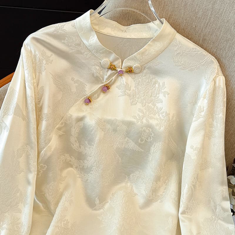 새로운 중식 고유 한 품격 다용도 젠 자카드 국풍 뽕나무 누에 실크 품격 다용도 슬림해 보이는 셔츠 이미지 4