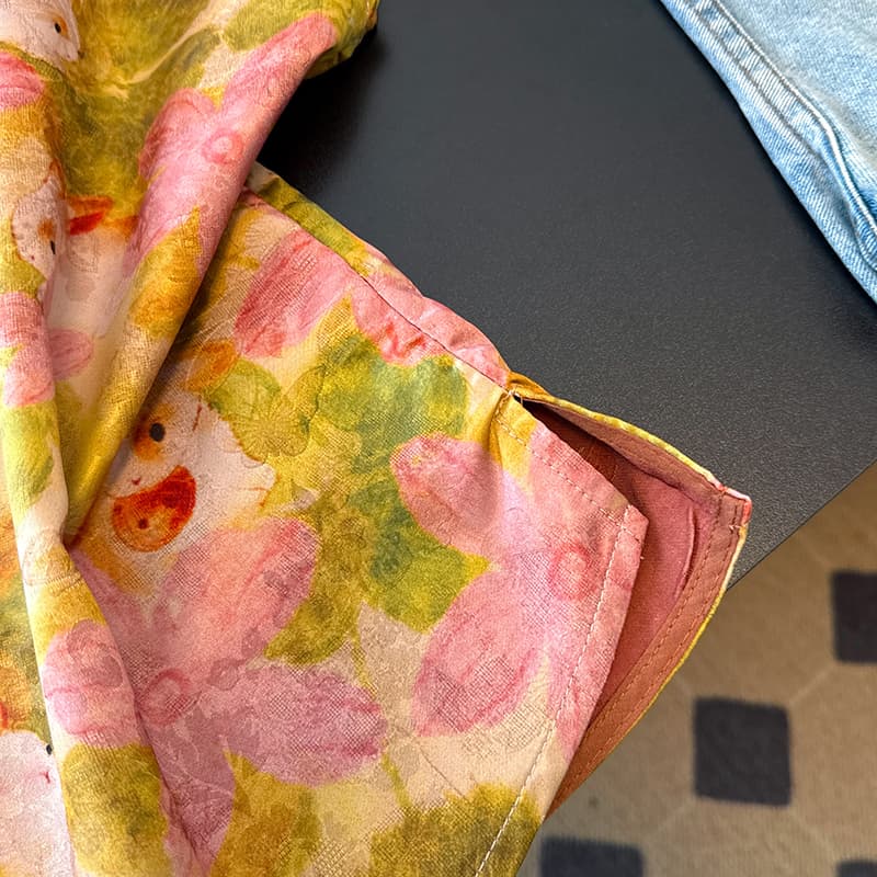 새로운 중식 국풍 여성 셔츠 여름 분말 녹색 헤일로 염색 꽃무늬 토끼 프린트 스탠드 칼라 비스듬한 襟 루즈핏 슬림해 보이는 맨위 얇은 상세 이미지 7
