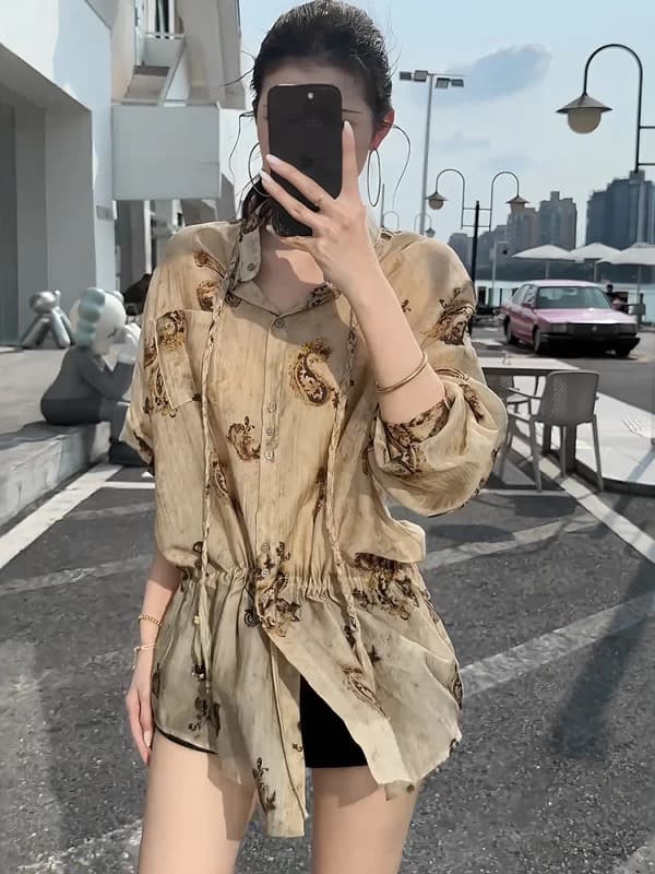 프랑스식 기하학 프린트 허리 수축 슬림해 보이는 자외선 차단 긴팔 여성 셔츠 여름 새로운 고급 센스 고유 한 Chic 맨위 상세 이미지 4