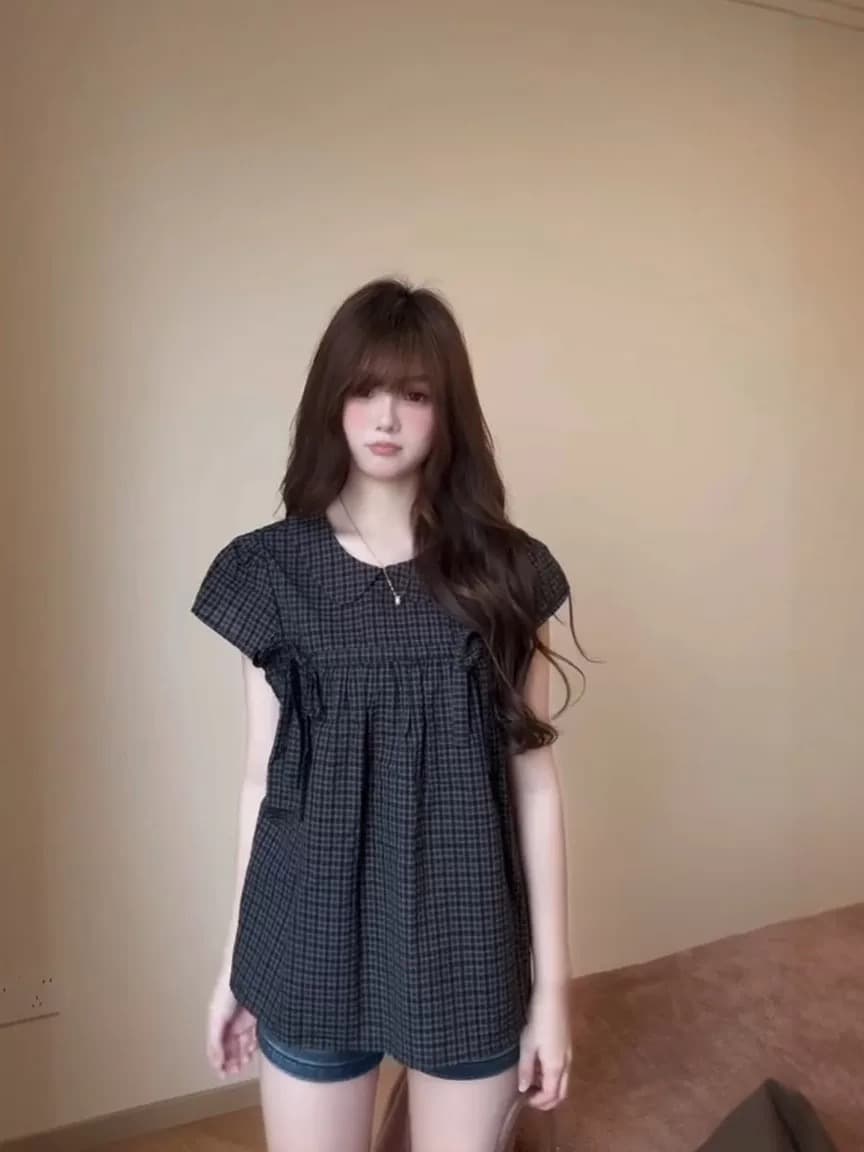 일본식 달콤함 베이비 칼라 체크무늬 거품 소매 스트랩 반팔 여성 셔츠 여름 허리 수축 캐주얼 바람 슬림해 보이는 맨위 이미지 2