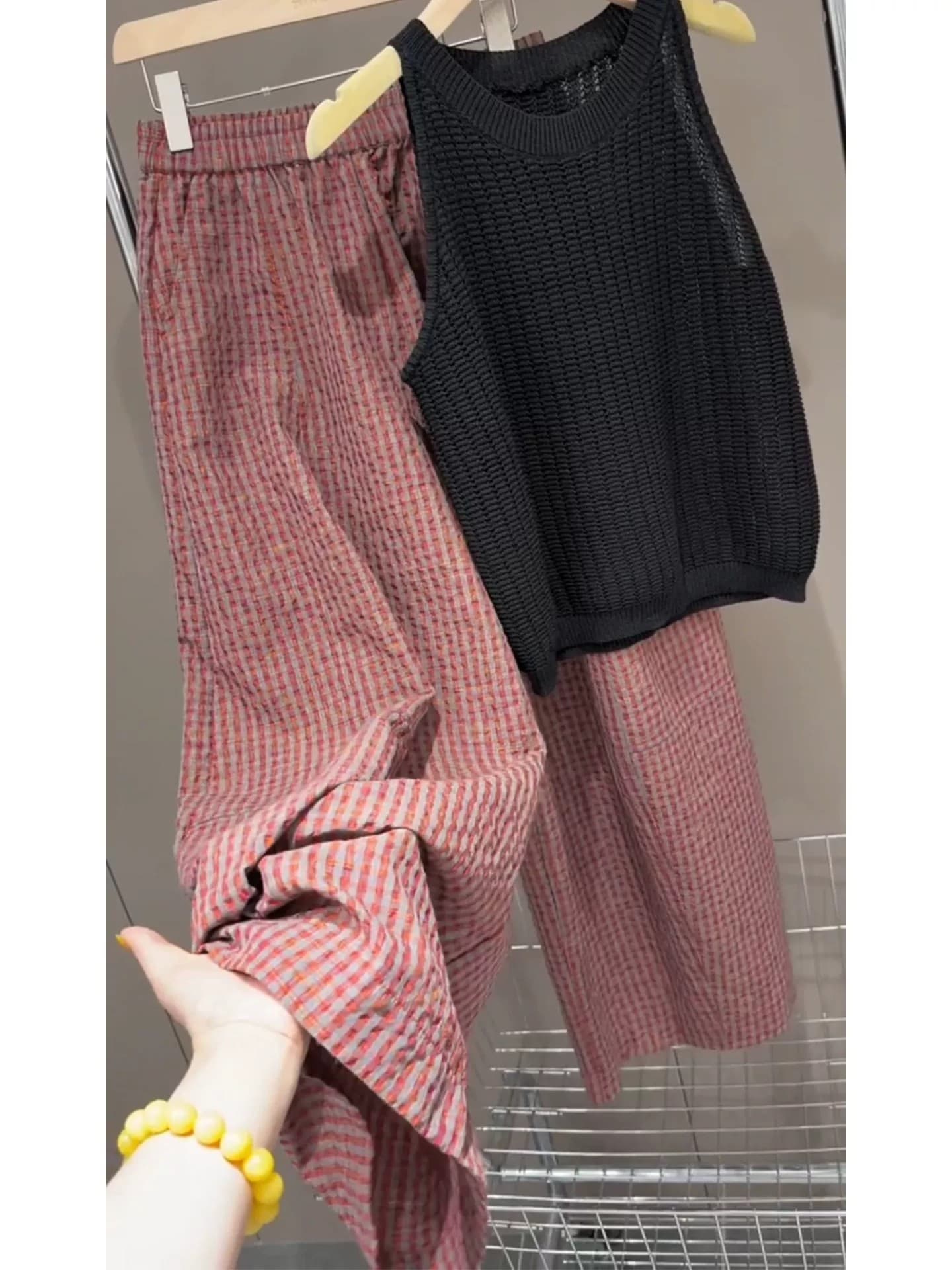 작은 키 체크무늬 모통이 칼 넓은 다리 9부 바지 여성 여름 얇은 스타일 새로운 슬림해 보이는 루즈핏 느긋한 캐주얼 바지 상세 이미지 6