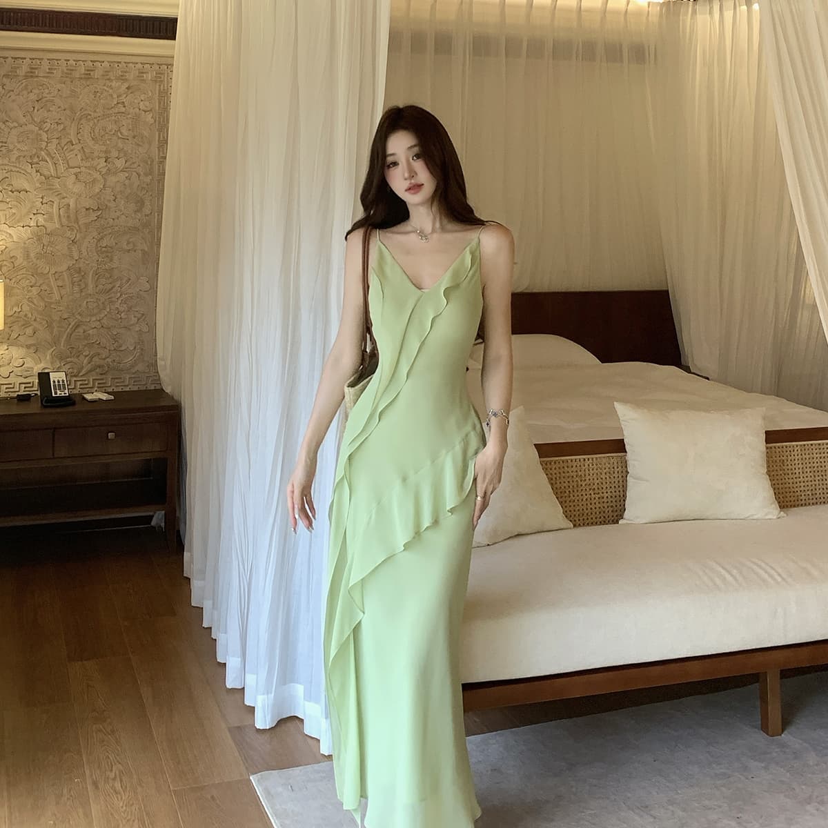 여름 새로운 V넥 휴가 치마 비스듬한 자르다 프릴 꽃무늬 슬립 드레스 인어 꼬리 롱 스커트 상세 이미지 13