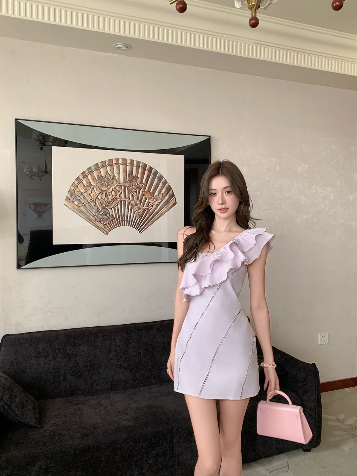 보라색 미니 스커트 아름다움 분위기 센스 비스듬한 어깨 프릴 여성 드레스 여름 해변가 휴가 바람 몸매 가꾸기 슬림해 보이는 치마 상세 이미지 1