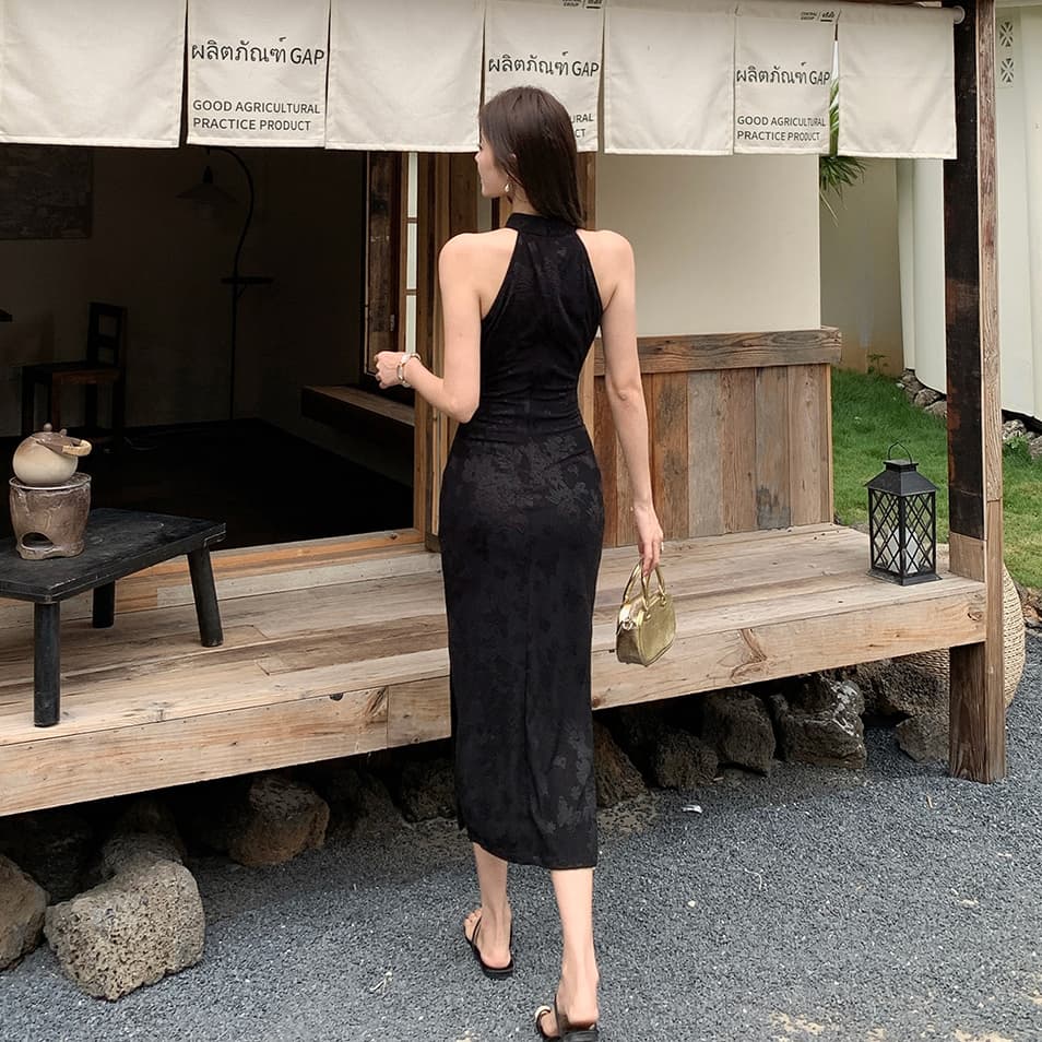 새로운 중식 국풍 자카드 오프숄더 개선 치파오 레트로 섹시함 백리스 하이웨이스트 품격 슬림해 보이는 민소매 드레스 이미지 6
