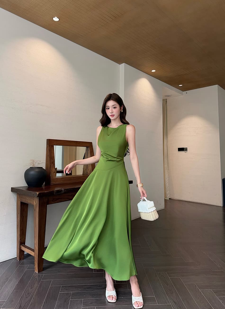 녹색 안개 회랑 디자인 센스 허리 수축 핀치 Pleat 민소매 큰 진자 드레스 상세 이미지 8