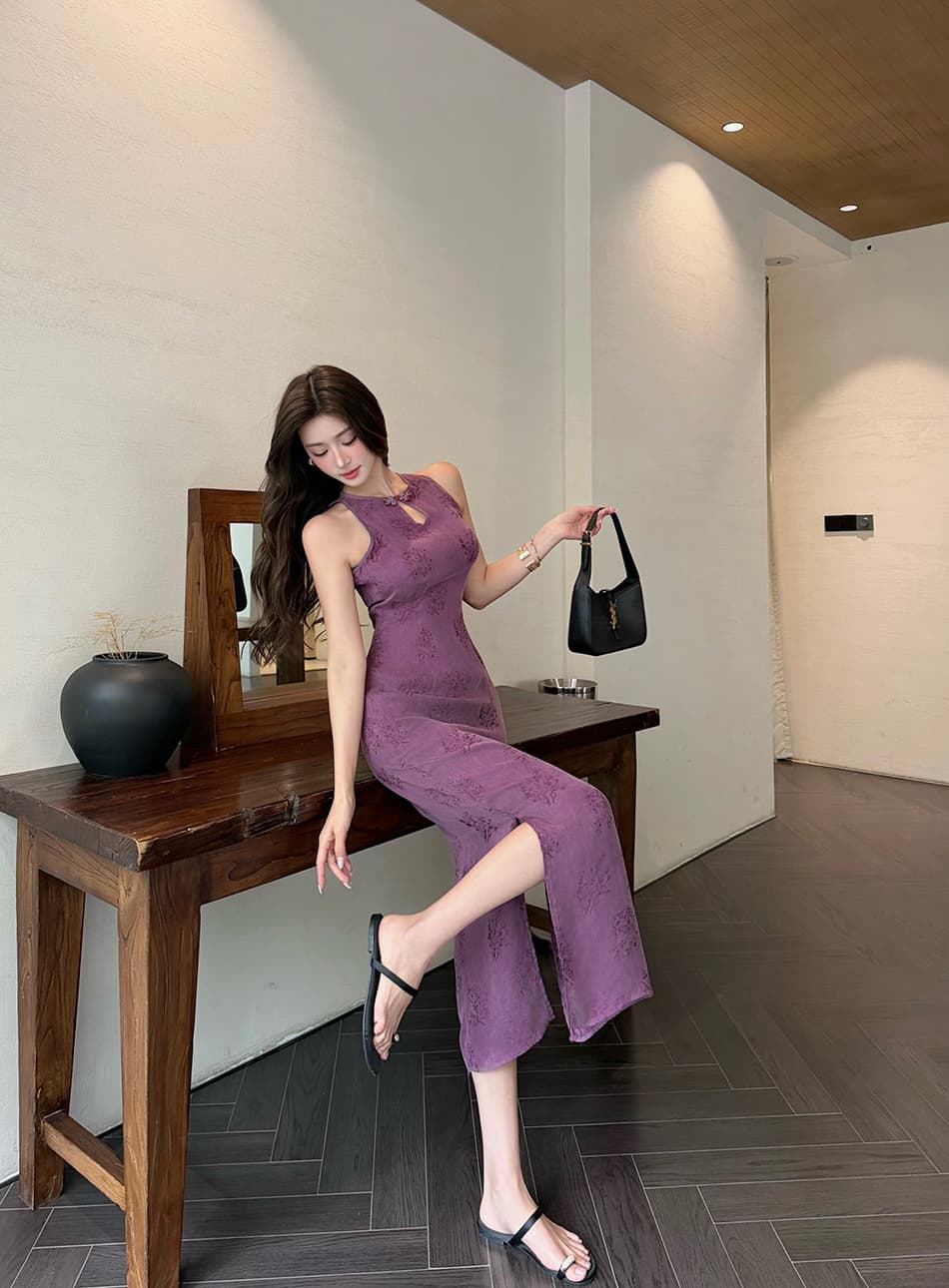뭉치 판화 새로운 국풍 슬림해 보이는 드레스 민소매 우아함 치파오 롱 스커트 상세 이미지 11