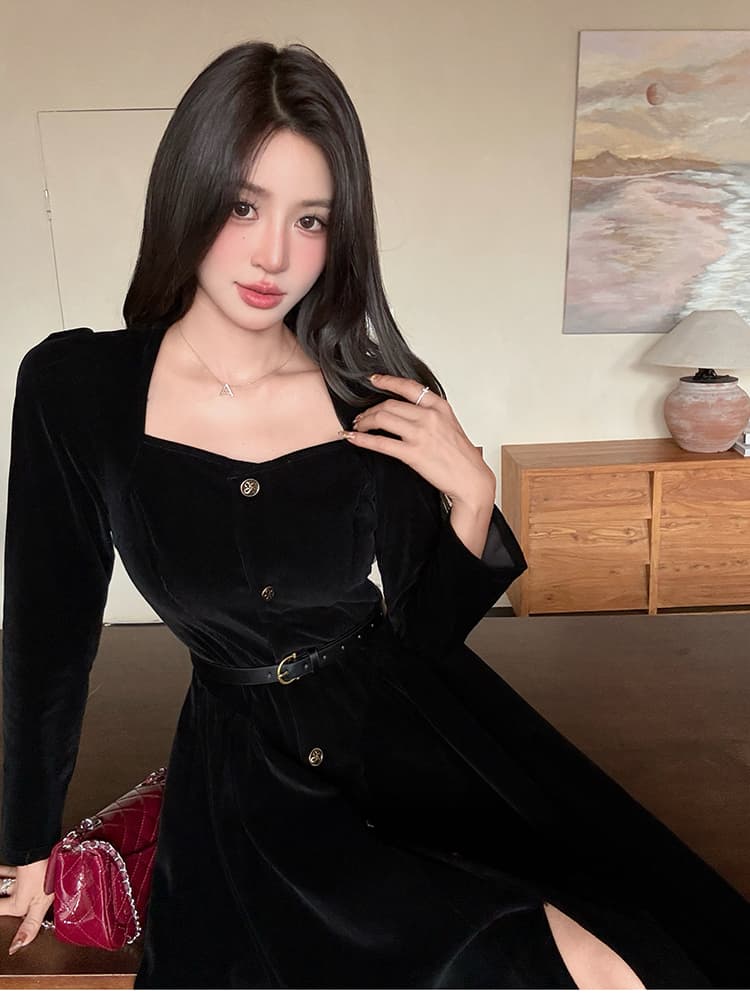 2026 가을 반드시 해피 코듀로이 드레스 빛 럭셔리 고급 센스 긴팔 프랑스식 길다 치마 상세 이미지 1