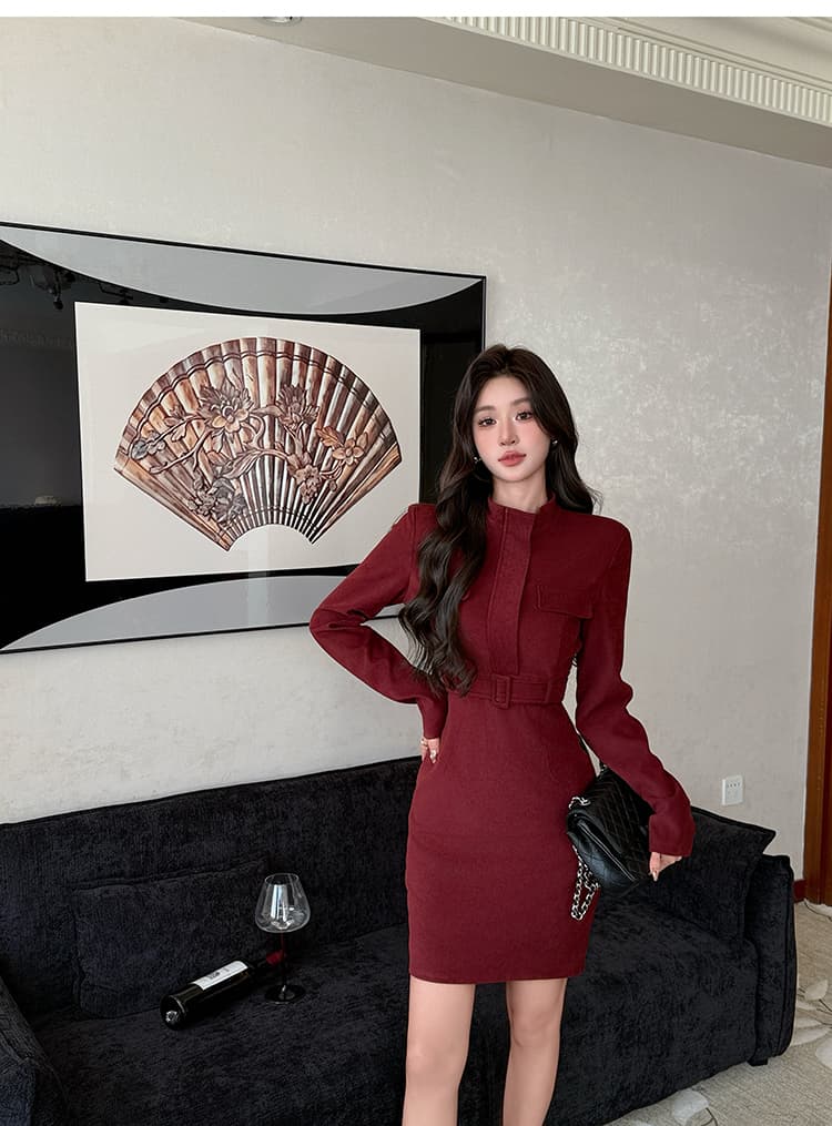 2026 가을 겨울철 직장 패션 긴팔 스탠드 칼라 워크웨어 여성 드레스 허리 수축 고급 센스 타이트 스커트 치마 상세 이미지 4