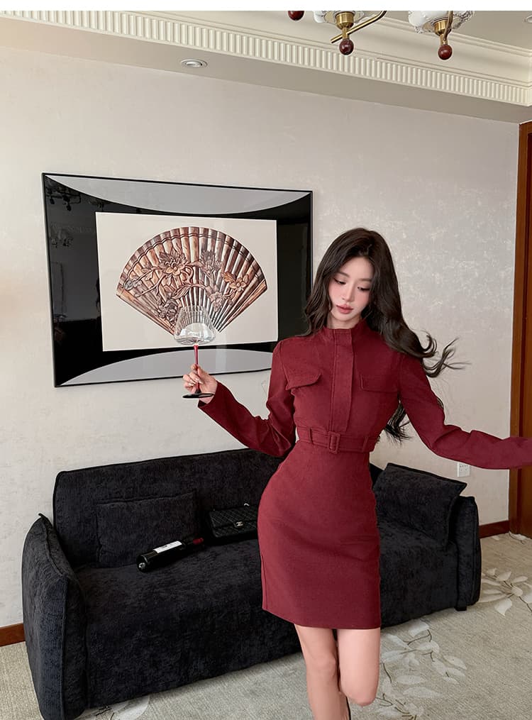 2026 가을 겨울철 직장 패션 긴팔 스탠드 칼라 워크웨어 여성 드레스 허리 수축 고급 센스 타이트 스커트 치마 상세 이미지 7
