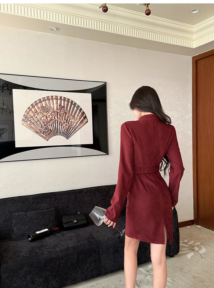 2026 가을 겨울철 직장 패션 긴팔 스탠드 칼라 워크웨어 여성 드레스 허리 수축 고급 센스 타이트 스커트 치마 상세 이미지 9