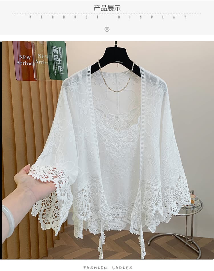 실사 얇은 스타일 자수 외부 가져 가라. 자외선 차단 망토 여성 코트 여름 새로운 빅 사이즈 루즈핏 오픈 가디건 슬립 투피스 세트 상세 이미지 12