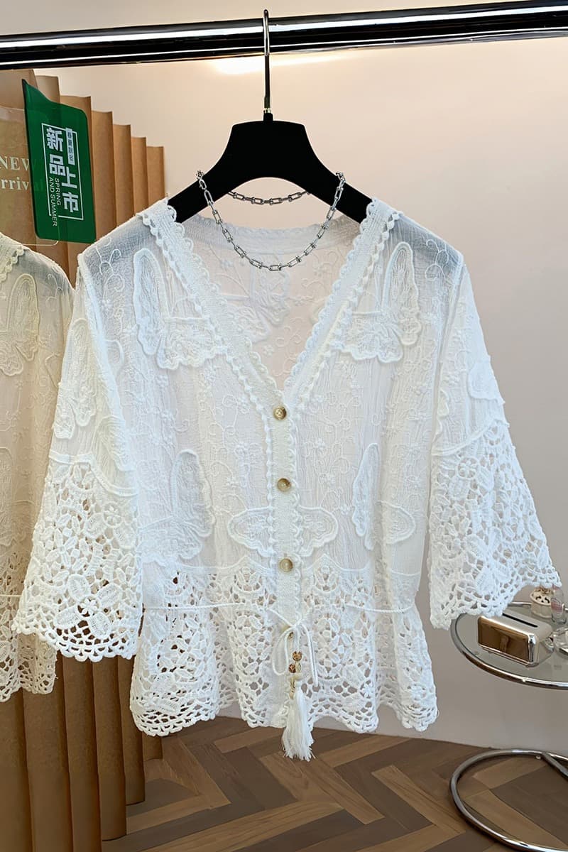 실사 프랑스식 홀로우 아웃 레이스 여성 셔츠 여름 새로운 빅 사이즈 지방 mm 얇은 스타일 루즈핏 7부 소매 자외선 차단 맨위 이미지 7