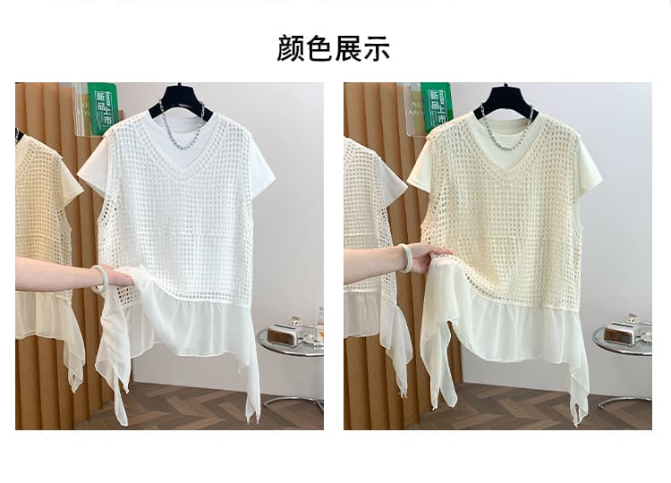실사 캐주얼 미니멀리즘 라운드 넥 반팔 티셔츠 여성 여름 섹션 디자인 센스 홀로우 아웃 패치워크 베스트 투피스 조끼 상세 이미지 9
