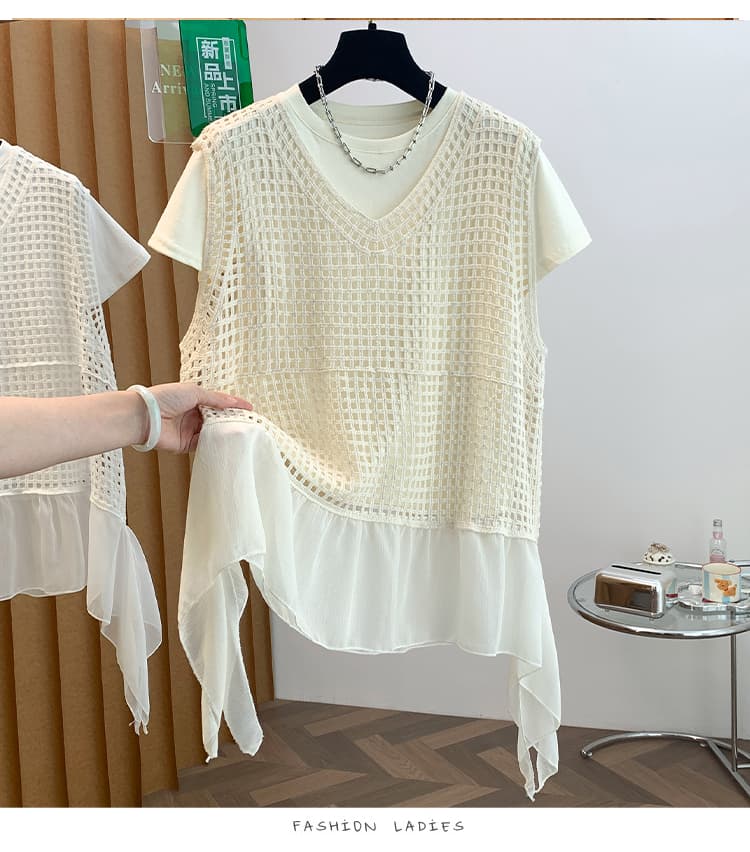 실사 캐주얼 미니멀리즘 라운드 넥 반팔 티셔츠 여성 여름 섹션 디자인 센스 홀로우 아웃 패치워크 베스트 투피스 조끼 상세 이미지 19