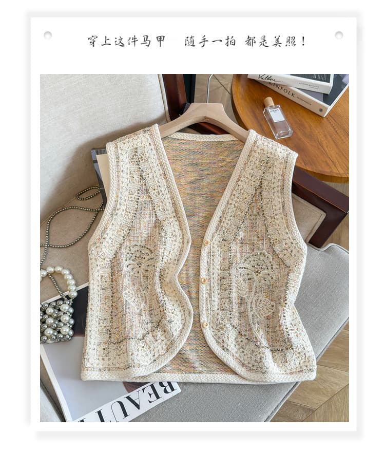 실사 민족 스타일 무거운 작업 비즈 박기 자수 V넥 베스트 조끼 여성 봄 가을 새로운 루즈핏 슬림해 보이는 스택 착용 맨위 상세 이미지 3