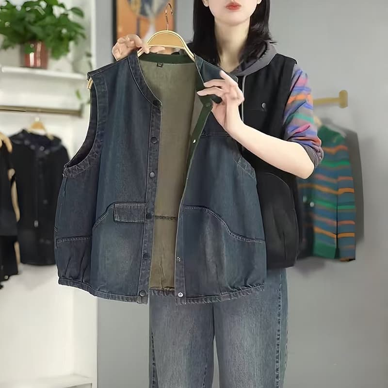 비 실사 봄 가을 새로운 워싱 데님 민소매 조끼 여자 다용도 캐주얼 빅 사이즈 루즈핏 어깨 조끼 맨위 이미지 3