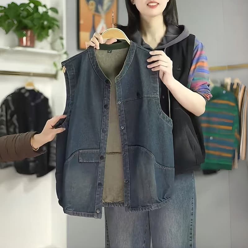 비 실사 봄 가을 새로운 워싱 데님 민소매 조끼 여자 다용도 캐주얼 빅 사이즈 루즈핏 어깨 조끼 맨위 상세 이미지 2