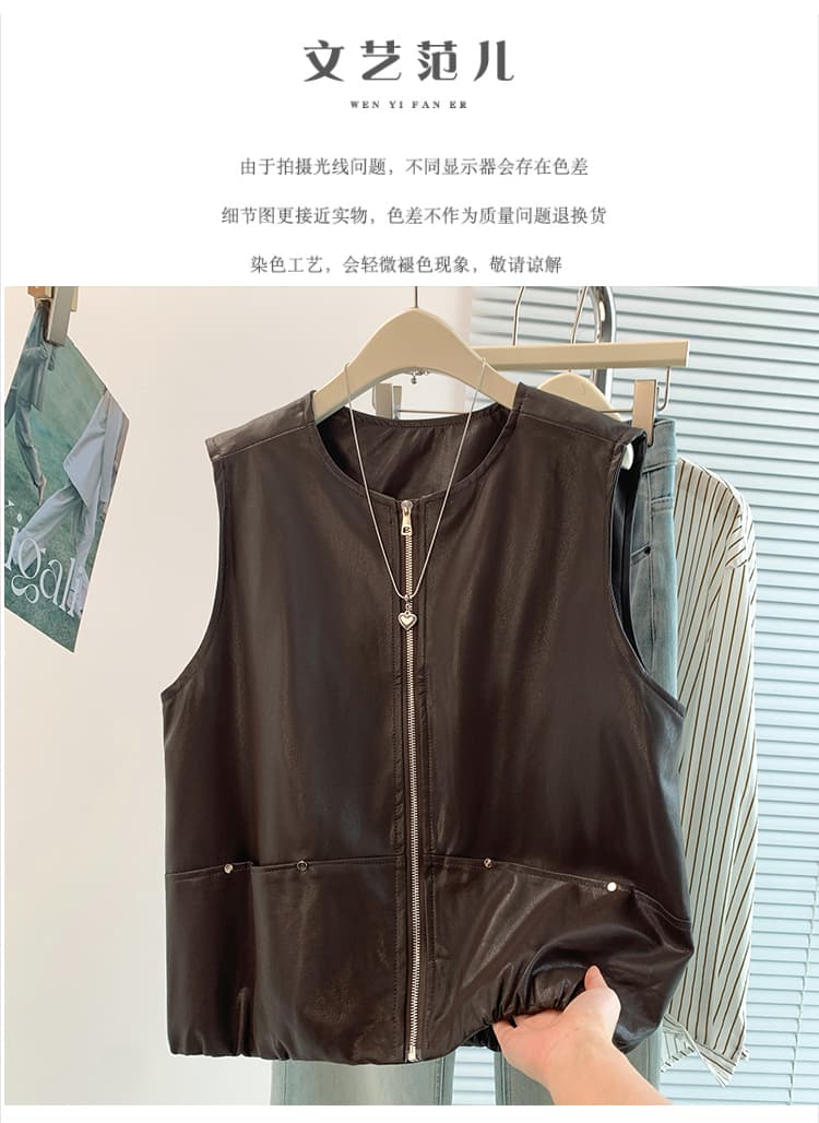 실사 라운드 넥 징 주머니 PU 가죽 조끼 여자 가을 새로운 빅 사이즈 루즈핏 캐주얼 다용도 민소매 가죽 자켓 상세 이미지 1
