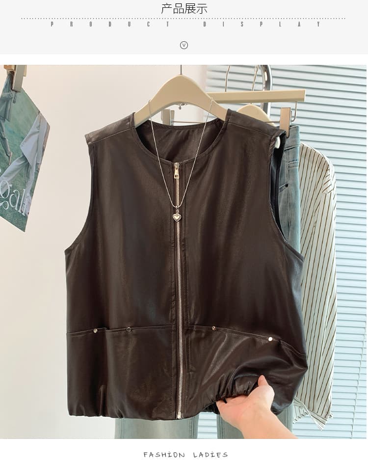 실사 라운드 넥 징 주머니 PU 가죽 조끼 여자 가을 새로운 빅 사이즈 루즈핏 캐주얼 다용도 민소매 가죽 자켓 상세 이미지 10