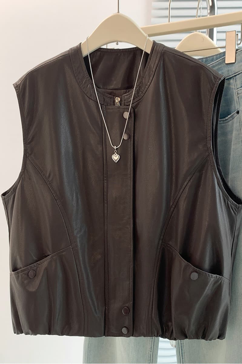 실사 한국 스타일 패션 디자인 센스 PU 가죽 조끼 여자 가을 새로운 빅 사이즈 루즈핏 다용도 민소매 재킷 맨위 이미지 7