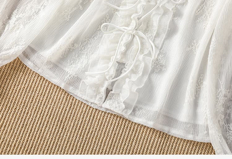 실사 프랑스식 자수 꽃 V넥 긴팔 여성 셔츠 이른 가을 새로운 부드러운 바람 나비 매듭 스트랩 맨위 상세 이미지 17