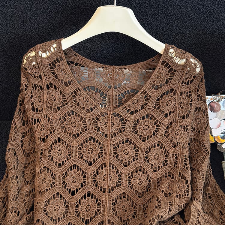 실사 2026 이른 가을 새로운 디자인 센스 홀로우 아웃 긴팔 니트 스웨터 맨위 여성 의류 빅 사이즈 루즈핏 자외선 차단 블라우스 상세 이미지 28