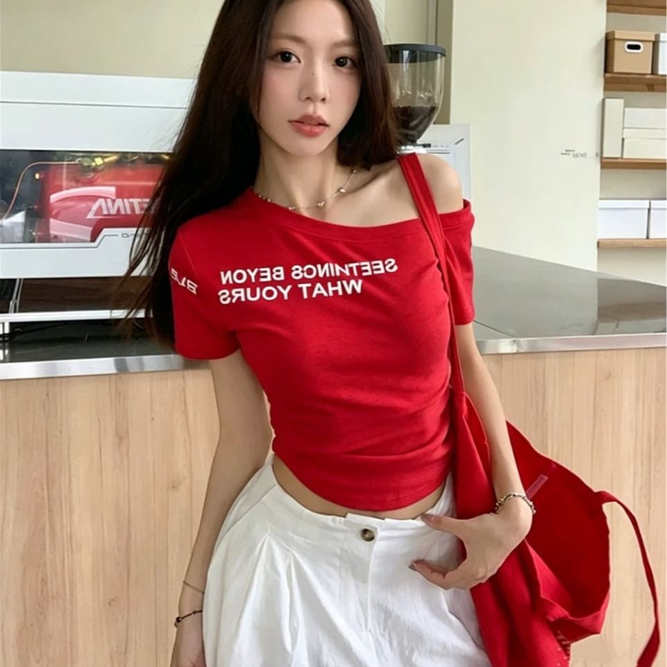 벨트 가슴 패드 아메리칸 핫걸 비스듬한 어깨 반팔 티셔츠 여성 여름 알파벳 프린트 몸매 가꾸기 쇼트 스타일 작은 맨위 이미지 5