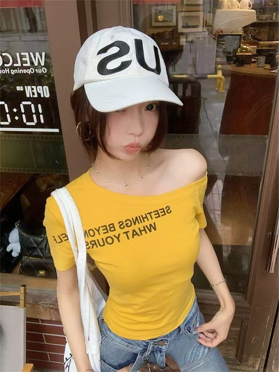 벨트 가슴 패드 아메리칸 핫걸 비스듬한 어깨 반팔 티셔츠 여성 여름 알파벳 프린트 몸매 가꾸기 쇼트 스타일 작은 맨위 상세 이미지 28
