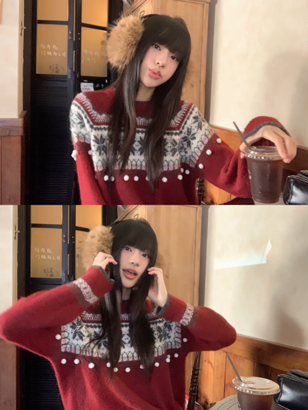 실사 정가 레트로 공정한 섬 자카드 스웨터 2026 한 부서 크리스마스 레드 분위기 센스 풀오버 니트 스웨터 여성 상세 이미지 4