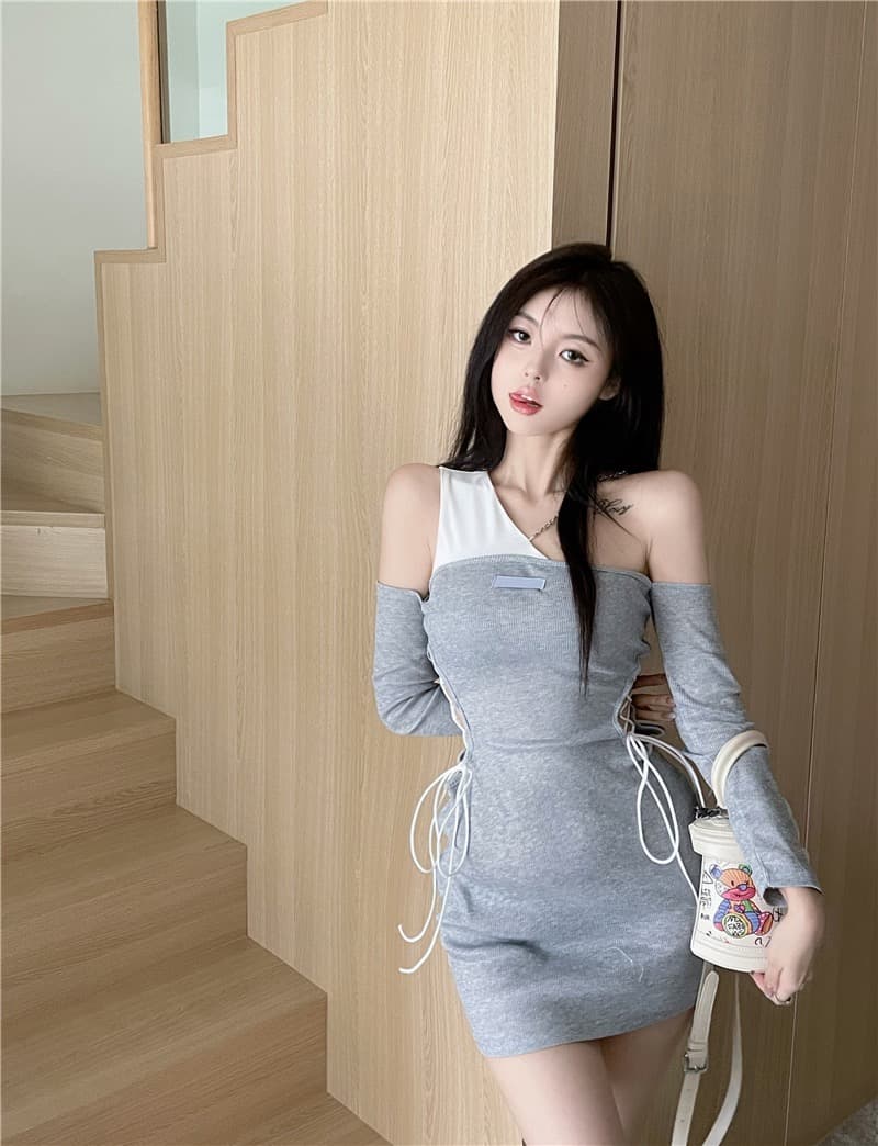 실사 정가 여름 새로운 핫걸 홀로우 아웃 스트랩 여성 드레스 디자인 센스 오프숄더 슬림해 보이는 타이트 스커트 이미지 4
