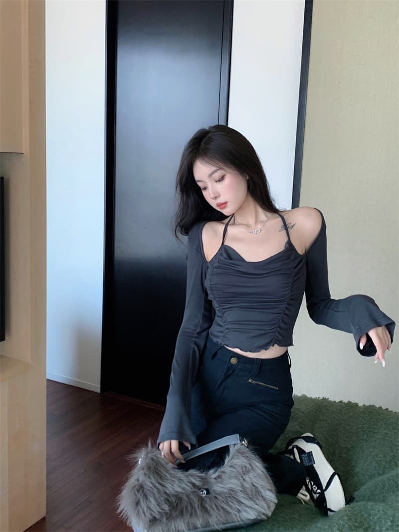 실사 정가 2026 년 가을 새로운 순수한 욕망 바람 어두운 회색 페이크 레이어드 슬립 행침 목 티셔츠 맨위 여성