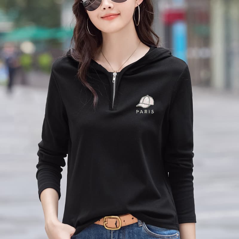 2026 봄 가을 외출용 긴팔 티셔츠 여성 레저 미니멀리즘 다용도 루즈핏 빅 사이즈 여성 의류 기본 셔츠 후드 맨위 이미지 3