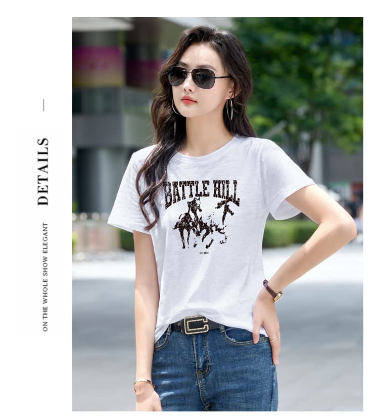 아메리칸 레트로 순면 알파벳 프린트 루즈핏 캐주얼 미니멀리즘 반팔 티셔츠 여성 여름 대나무 마디 면 만나는 맨위 상세 이미지 9