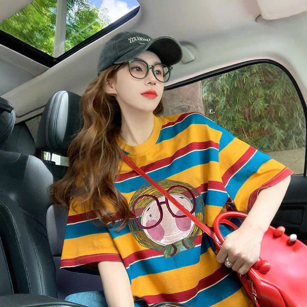 95 면 5 암모니아 Lun 컬러 짜임 기사 이후 패키지 칼라 배색 스트라이프 루즈핏 티셔츠 여성 슬림해 보이는 맨위 트렌디