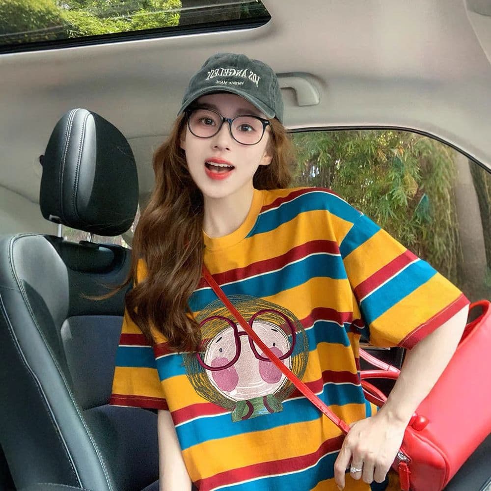 95 면 5 암모니아 Lun 컬러 짜임 기사 이후 패키지 칼라 배색 스트라이프 루즈핏 티셔츠 여성 슬림해 보이는 맨위 트렌디 이미지 4