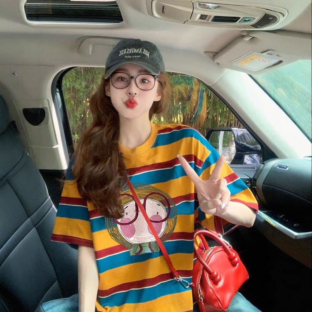 95 면 5 암모니아 Lun 컬러 짜임 기사 이후 패키지 칼라 배색 스트라이프 루즈핏 티셔츠 여성 슬림해 보이는 맨위 트렌디 이미지 2