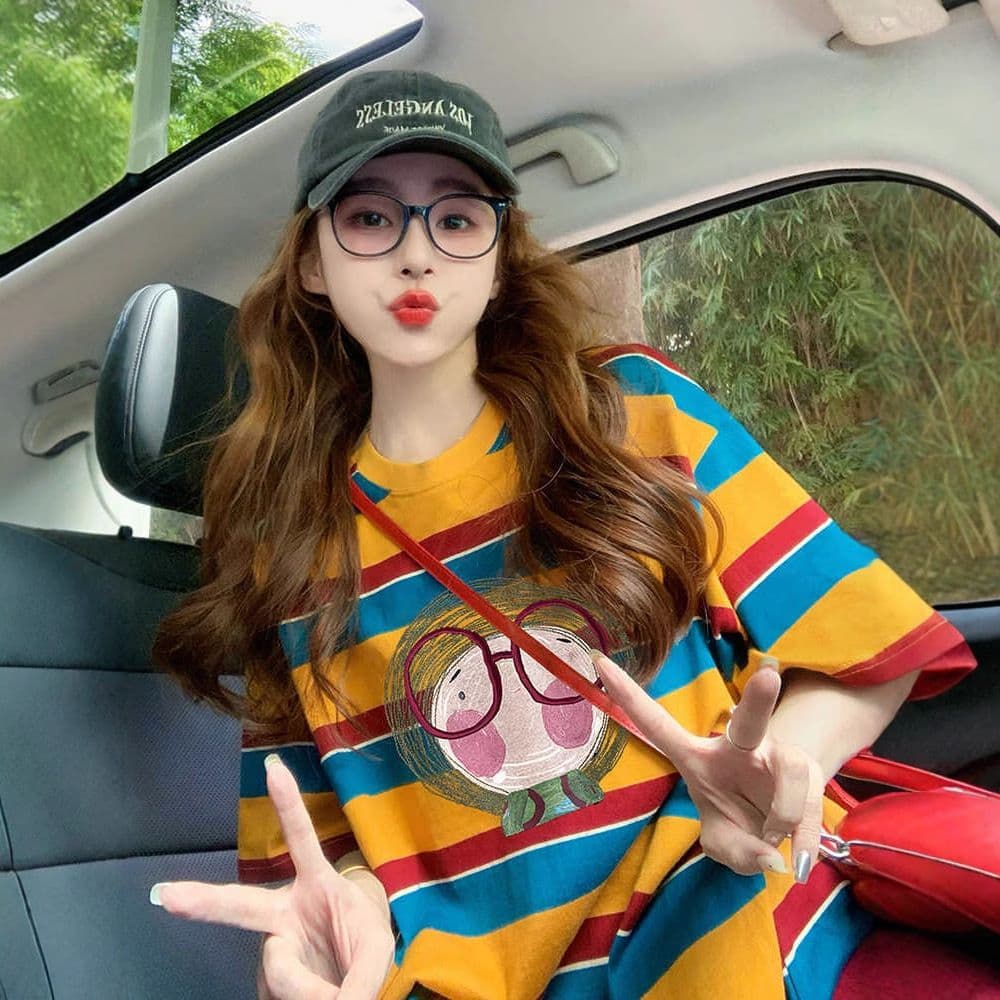 95 면 5 암모니아 Lun 컬러 짜임 기사 이후 패키지 칼라 배색 스트라이프 루즈핏 티셔츠 여성 슬림해 보이는 맨위 트렌디 이미지 5