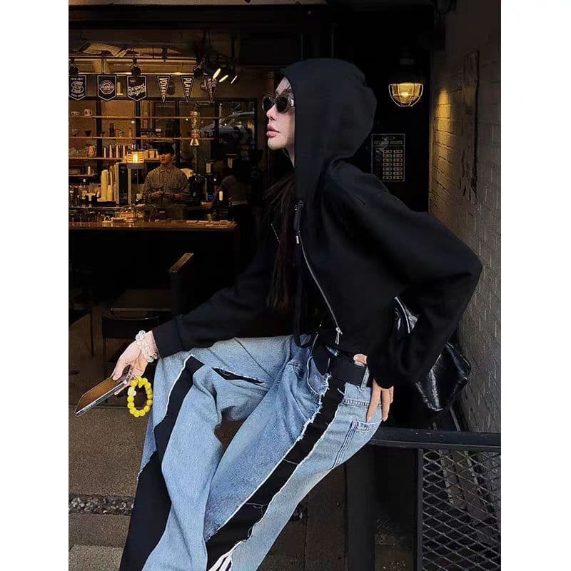 95 폴리 에스터 새로운 검정색 쇼트 스타일 후드 여성 코트 출퇴근 느긋한 바람 패션 슬림해 보이는 긴팔 캐주얼 짧은 후드티 상세 이미지 2