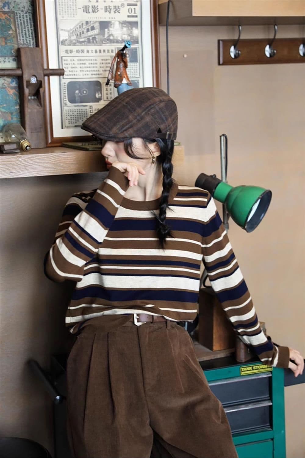 2026 스트라이프 패치워크 색상 셔츠 여성 루즈핏 라운드 넥 레트로 디자인 센스 여성 배색 풀오버 맨위 기본 셔츠 티셔츠 상세 이미지 7