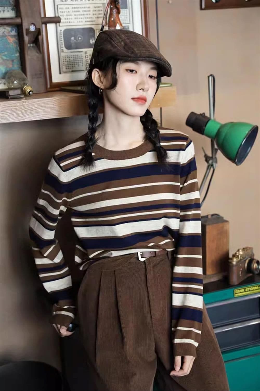 2026 스트라이프 패치워크 색상 셔츠 여성 루즈핏 라운드 넥 레트로 디자인 센스 여성 배색 풀오버 맨위 기본 셔츠 티셔츠 상세 이미지 10