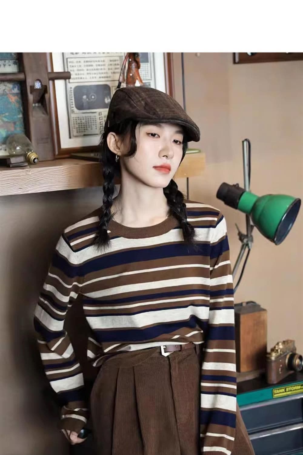 2026 스트라이프 패치워크 색상 셔츠 여성 루즈핏 라운드 넥 레트로 디자인 센스 여성 배색 풀오버 맨위 기본 셔츠 티셔츠 상세 이미지 11