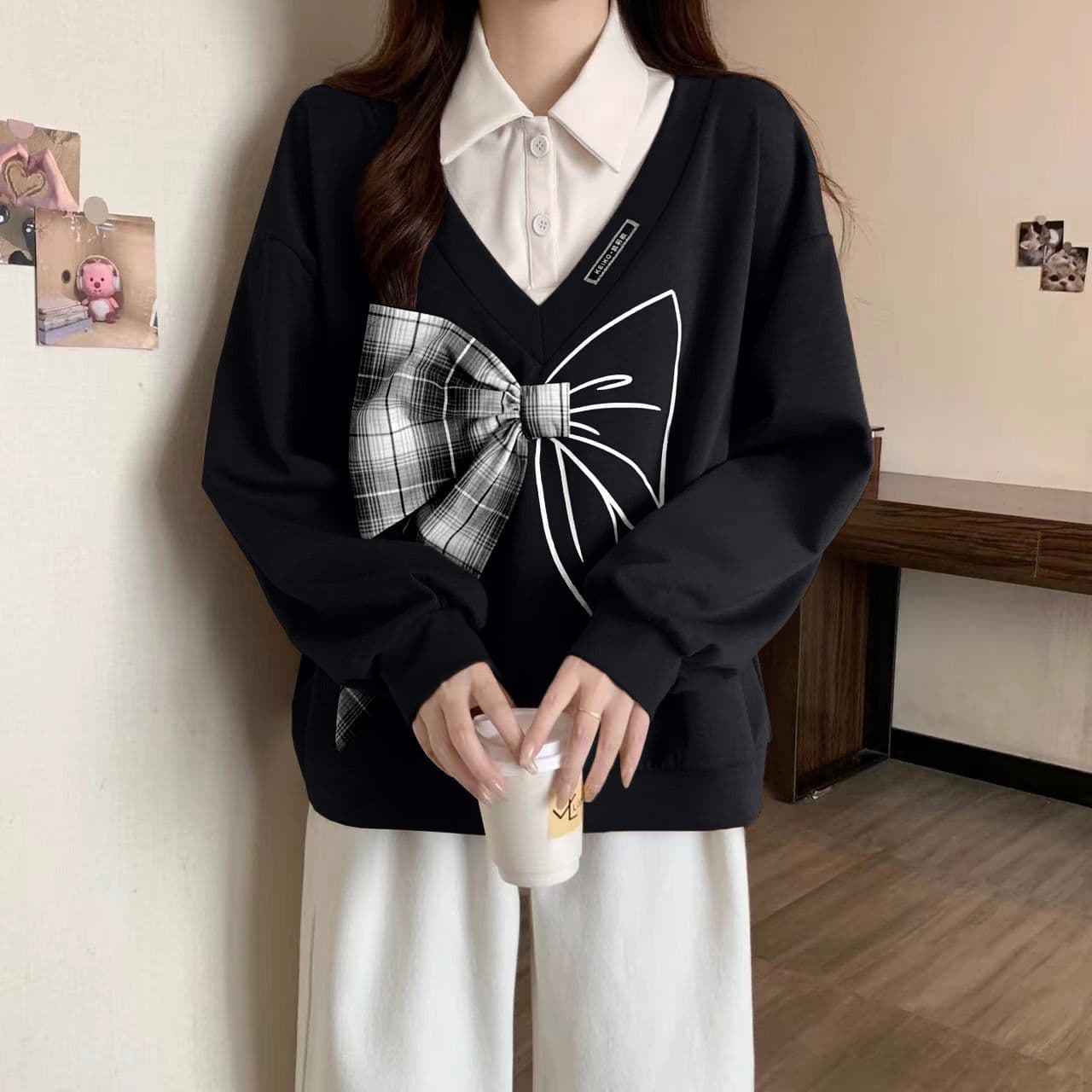 경관 그림 300 그램 남자 바 면 폴리에스터 2026 가을 얇은 스타일 패치워크 페이크 레이어드 나비 매듭 맨위 후드티 여성 이미지 5