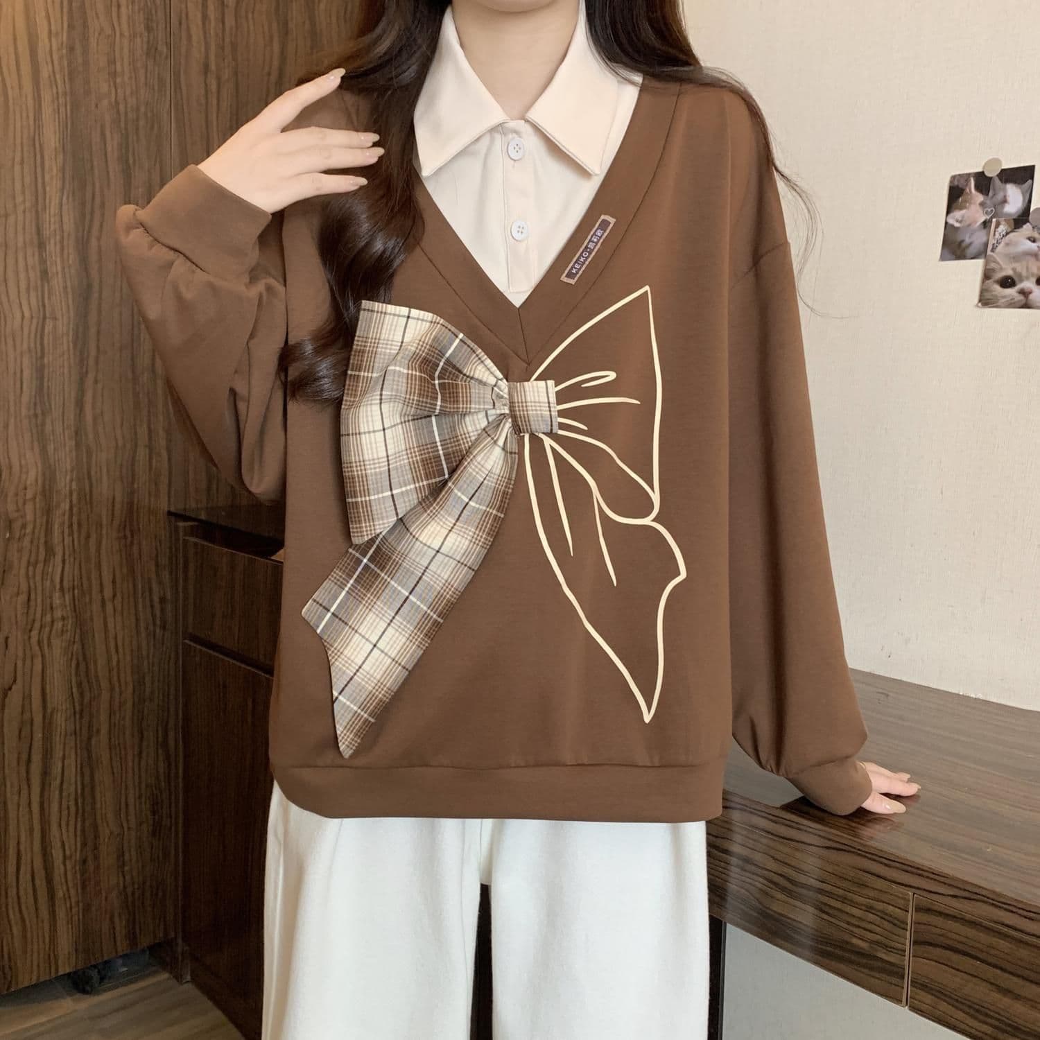 경관 그림 300 그램 남자 바 면 폴리에스터 2026 가을 얇은 스타일 패치워크 페이크 레이어드 나비 매듭 맨위 후드티 여성 이미지 2