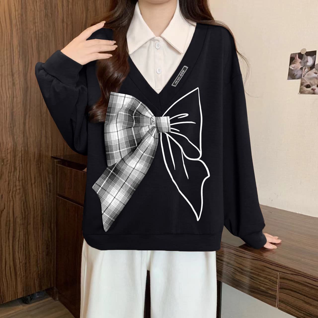 경관 그림 300 그램 남자 바 면 폴리에스터 2026 가을 얇은 스타일 패치워크 페이크 레이어드 나비 매듭 맨위 후드티 여성 상세 이미지 3